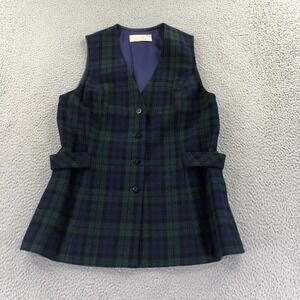 Vintage Pendleton Vest Womens 14 Tartan Green Navy Blue Academia Virgin Wool 70s